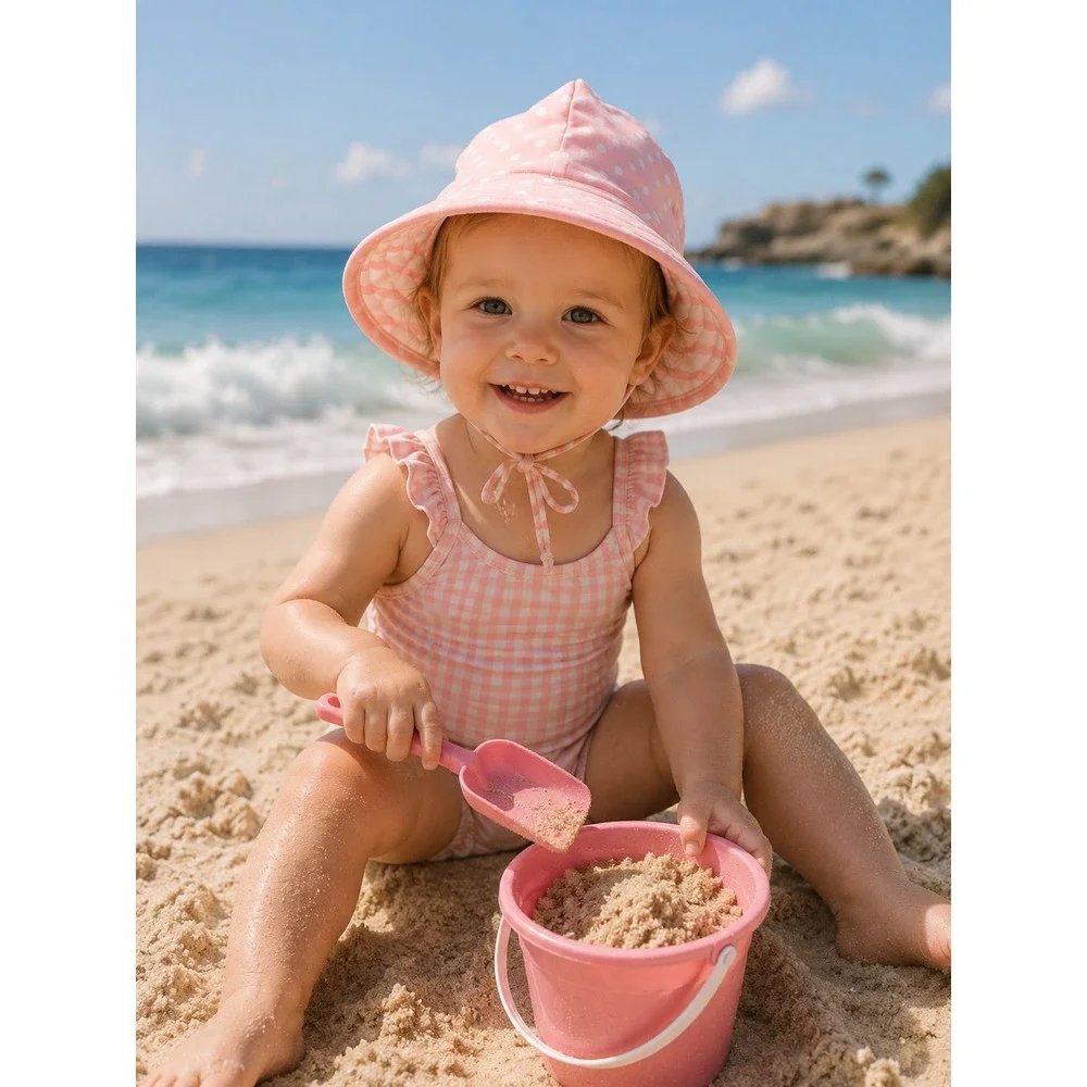 RuffleButts‎ Reversible Pink Polka Dot Stripe Sun Hat Kids Bucket Hat with Strap